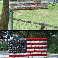 Before (top) and After (bottom) photos of the "American Flag" sculpture after missing glass was replaced and painted glass pieces and the pole were repainted.