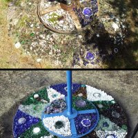 Before (top) and After (bottom) photos of the decorated base of the "American Flag" sculpture after cleaning and significant glass replacement was done.